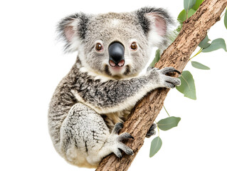 Fototapeta premium A cute koala sitting on a tree branch, surrounded by green leaves, against a white isolate background.