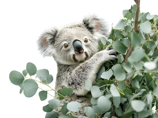 A cute koala sitting among eucalyptus leaves, showcasing its fluffy fur and playful expression against a white isolated background.