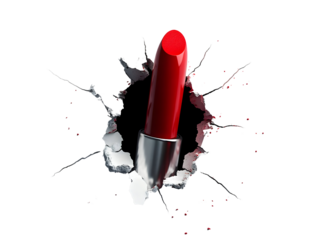Red lipstick bursting through a wall, symbolizing boldness and confidence, set against a white isolated background.