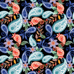 Naklejka premium Fantasy flowers in retro, vintage, paisley jacobean damask embroidery style.