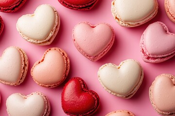 Obraz premium Delicious heart-shaped macarons on pink background