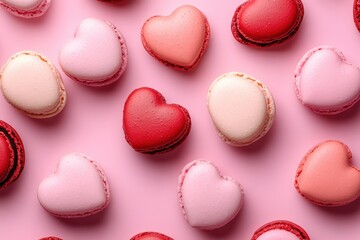 Assorted heart-shaped macarons on pink background