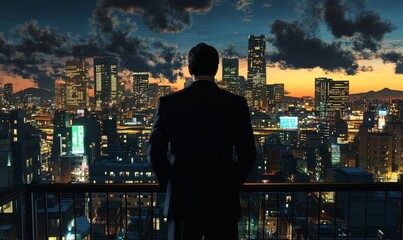 Man in suit overlooking city skyline at dusk.