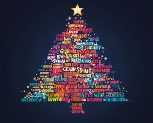 Festive christmas tree made of holiday greetings