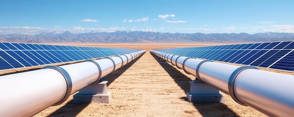 A vast solar farm with rows of solar panels and pipelines extending towards a clear blue sky and distant mountains.