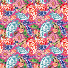 Naklejka premium Fantasy flowers in retro, vintage, paisley jacobean damask embroidery style.