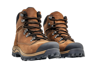 Pair of sturdy brown hiking boots on a white isolated background, ideal for outdoor adventures and exploration.