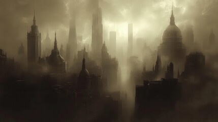 Fototapeta premium Victorian cityscape with steampowered machines, steampunk, sepia, detailed illustration