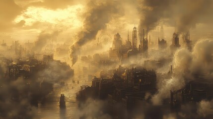 Obraz premium Victorian cityscape with steampowered machines, steampunk, sepia, detailed illustration
