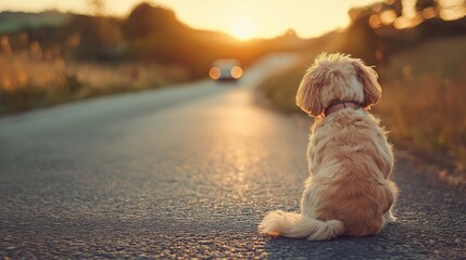 Leaved dog sitting on the road watching a car drive away. Pet responsibility concept