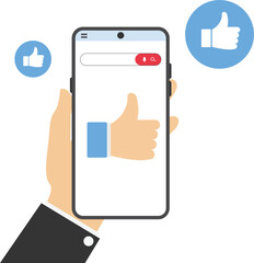 Arms hold use smart phone typing and give a thumbs. Flat vector illustration

