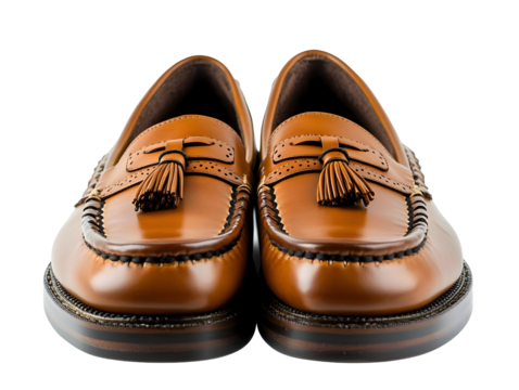 Stylish brown leather loafers with tassels on a white isolated background, perfect for formal occasions and everyday wear.