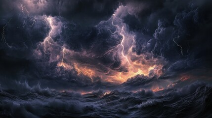 Fototapeta premium A dramatic stormy sky with lightning over turbulent ocean waves at dusk.