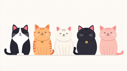 Fototapeta premium Five cute cartoon cats in various colors, white isolate background.