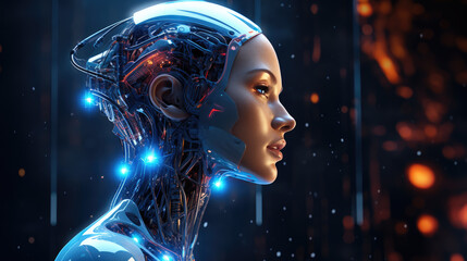 generated illustration of female robot face with computer artificial intelligence.