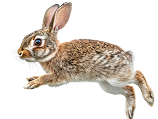 A lively rabbit leaping gracefully against a white background, showcasing its energy and motion.