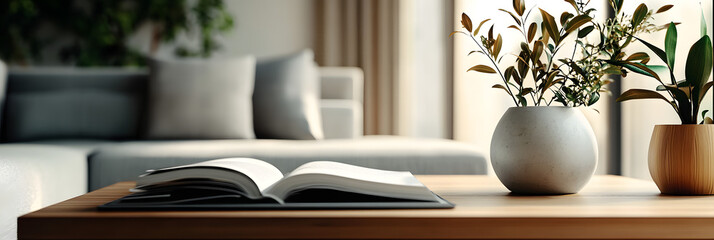 The shot captures a contemporary minimalist living room with a low-angle perspective, highlighting a luxury coffee table book and tasteful decorative plants