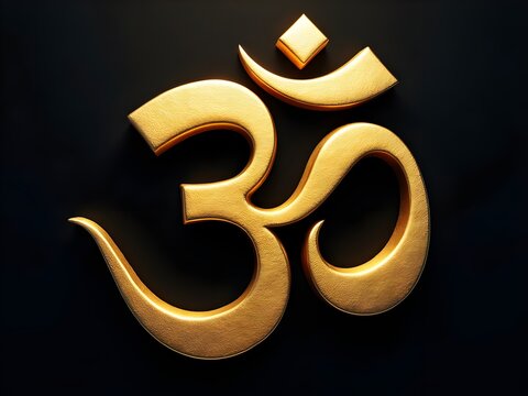 Shining Om symbol of Hinduism on the wall with warm yellow rays of light - 3D illustration