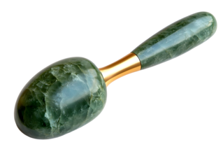 Green jade facial roller with a golden handle on a white isolated background.