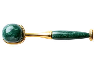 Elegant jade roller for facial rejuvenation, featuring a smooth stone and gold handle, isolated on a white background.