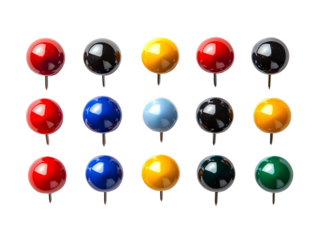 Colorful push pins arranged in a grid on a transparent background.