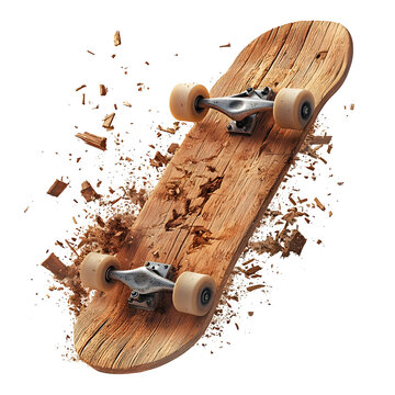 Dynamic skateboarding board flying with wood splinters, isolated on white background.