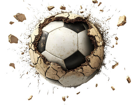 A cracked soccer ball bursting through a surface, showcasing dynamic movement and energy.