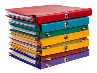 Colorful stack of binders with documents, perfect for organizing office supplies and improving productivity.