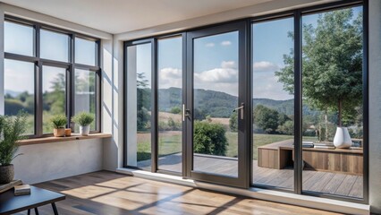 Modern and minimal house window for interior decoration isolated on background, open office glass window frame.