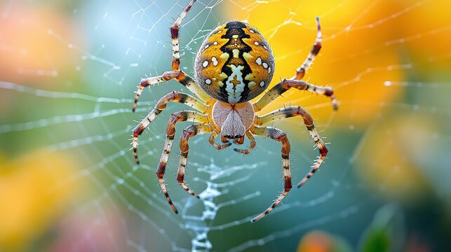garden spider in its web, close-up photography of the delicate webbing, showcasing nature’s design and the beauty of arachnid life in the outdoors