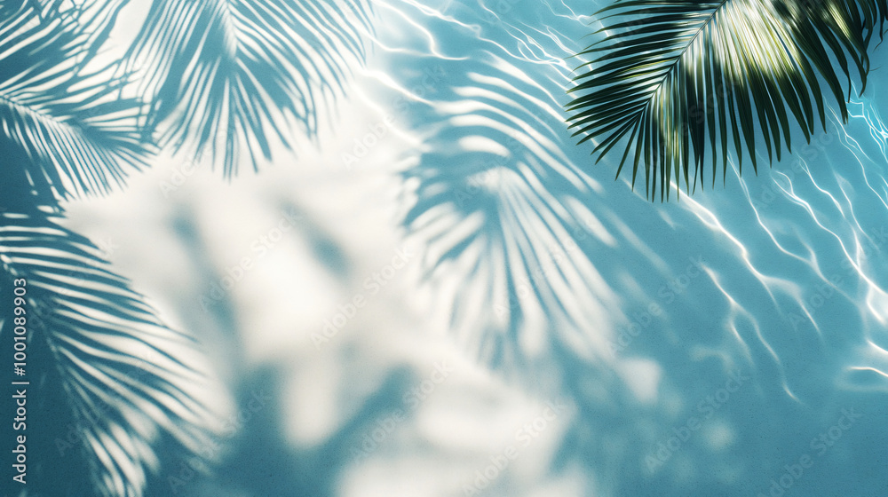 Poster palm tree leaves creating tranquil shadows against a serene blue background