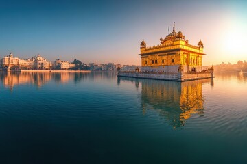 golden temple reflected in serene lake at sunset