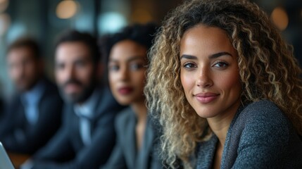 Fototapeta premium A woman with curly hair is smiling at the camera