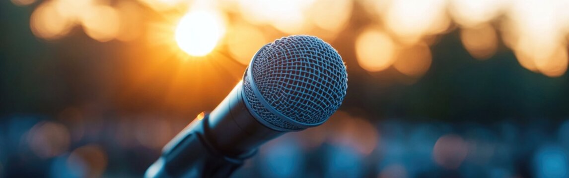 A microphone stands prominently as the sun sets in a vibrant outdoor setting