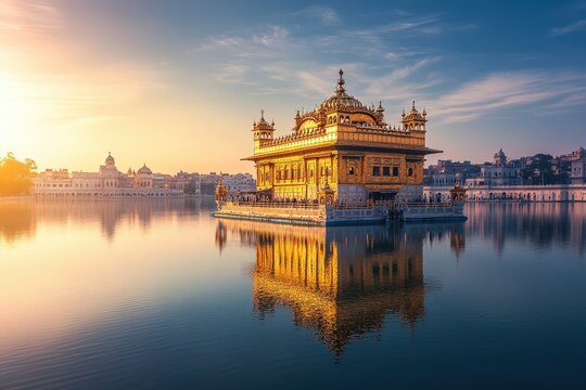 golden temple reflected in serene waters at sunset