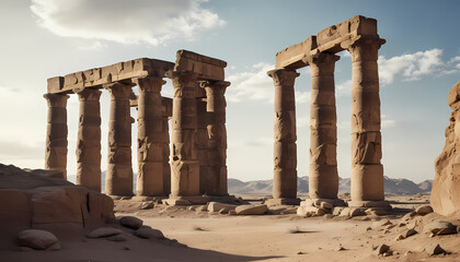 Fototapeta premium Giant ancient Egyptian stone structures, massive pyramids in the desert, columns and pylons with images of gods