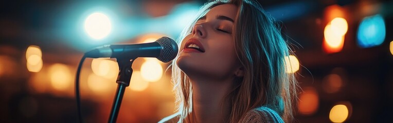 A young woman enjoys a fun karaoke night, singing with enthusiasm at a busy bar