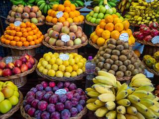 Fruit market in Madeira, variety of fruits and vegetables