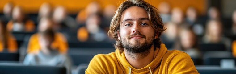 Fototapeta premium A cheerful university student sits in a lecture hall, enjoying the classroom setting