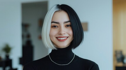 Chic Contemporary Portrait of a NonBinary Individual with Split Dyed Black and White Hair in Minimalistic Indoor Setting
