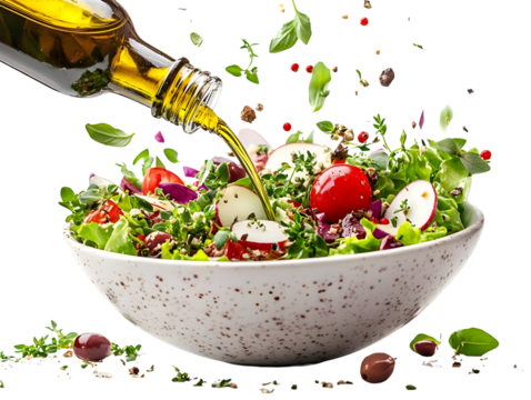 Fresh salad being drizzled with olive oil, showcasing vibrant colors and healthy ingredients.
