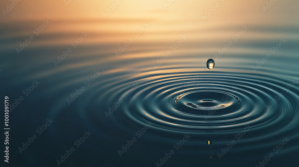 Poster single water drop is making perfect concentric ripples on a blue water surface with a warm sunset in
