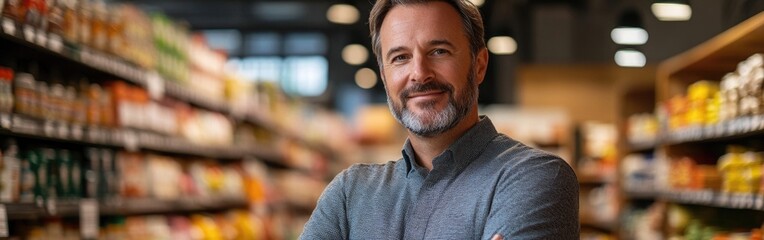 Obraz premium A friendly supermarket manager stands confidently in his store's aisles, showcasing products