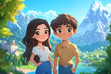 Young couple holding hands enjoying stunning mountain view