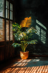 Fototapeta premium Green potted plant casting shadows on the floor