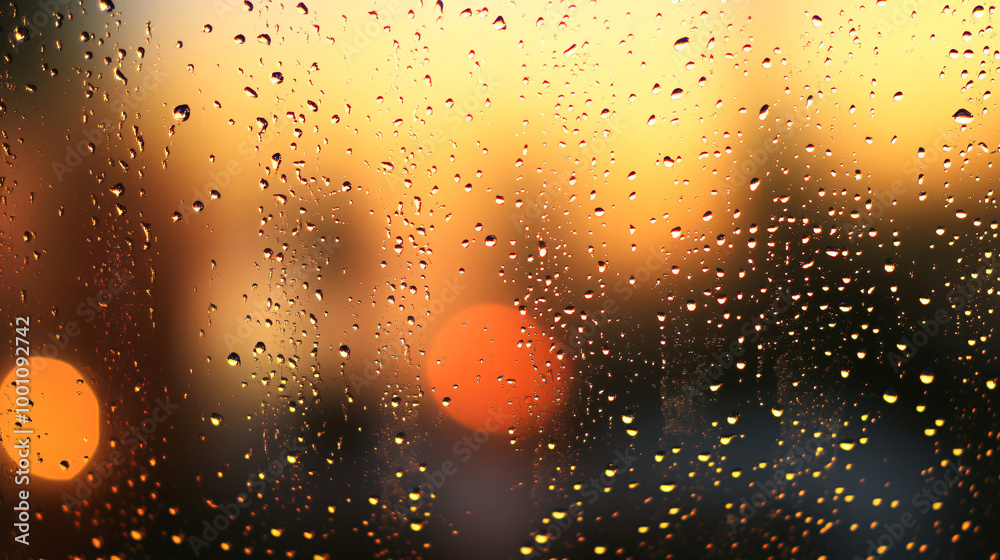 Poster Raindrops creating a beautiful bokeh effect on a window pane during a rainy sunset