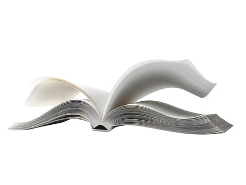 Open book with turning pages, displaying motion and knowledge, white isolated background.