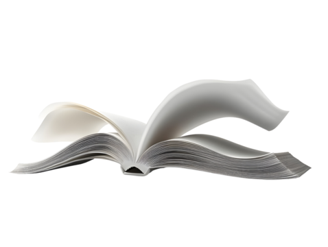 Open book with turning pages, displaying motion and knowledge, white isolated background.
