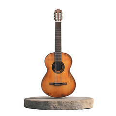 Obraz premium Acoustic guitar on a stone pedestal, isolated on a white background.