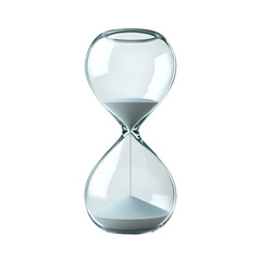 Clear glass hourglass with flowing sand, representing time management and patience, on a white isolated background.